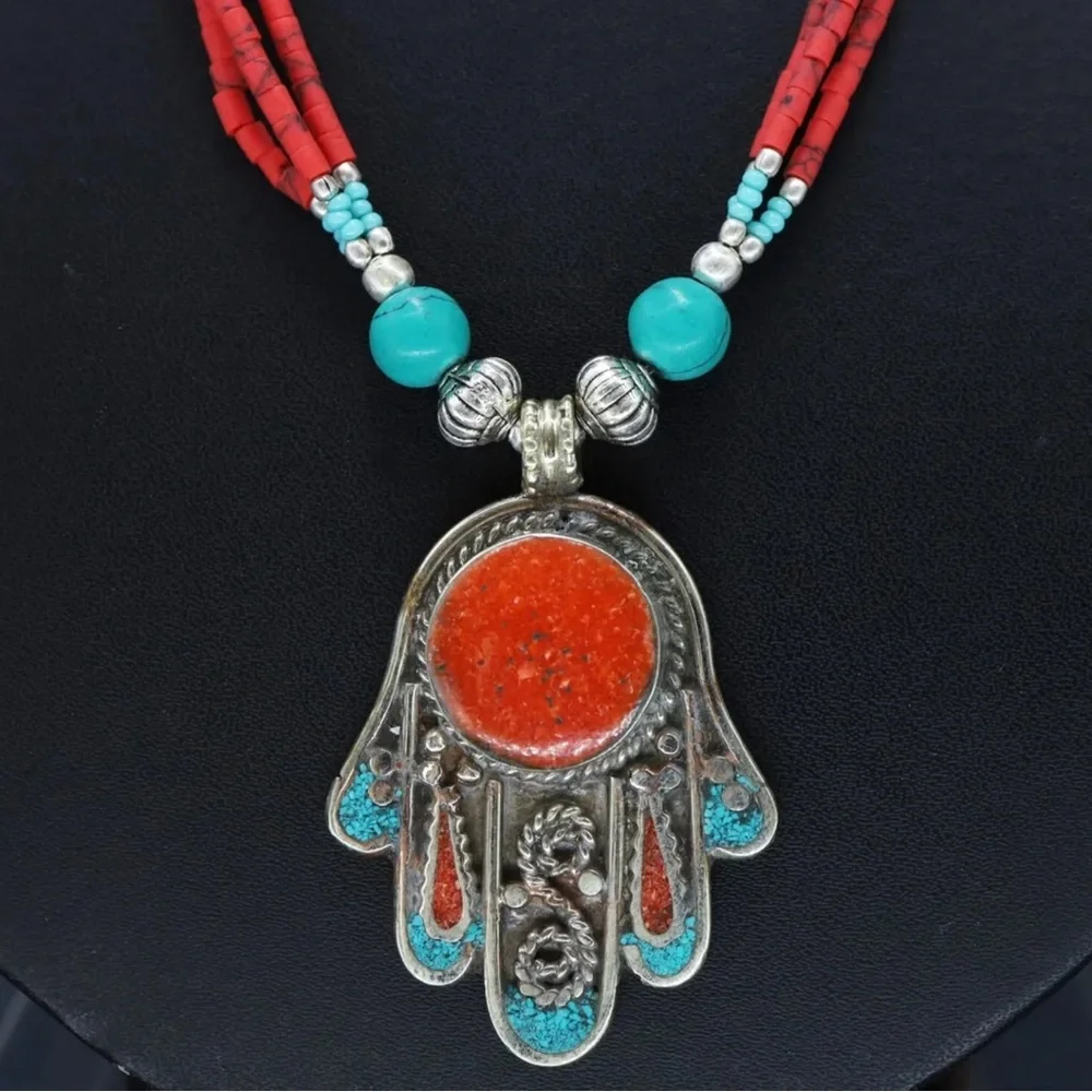 Tibetan silver turquoise and coral Nepali necklace